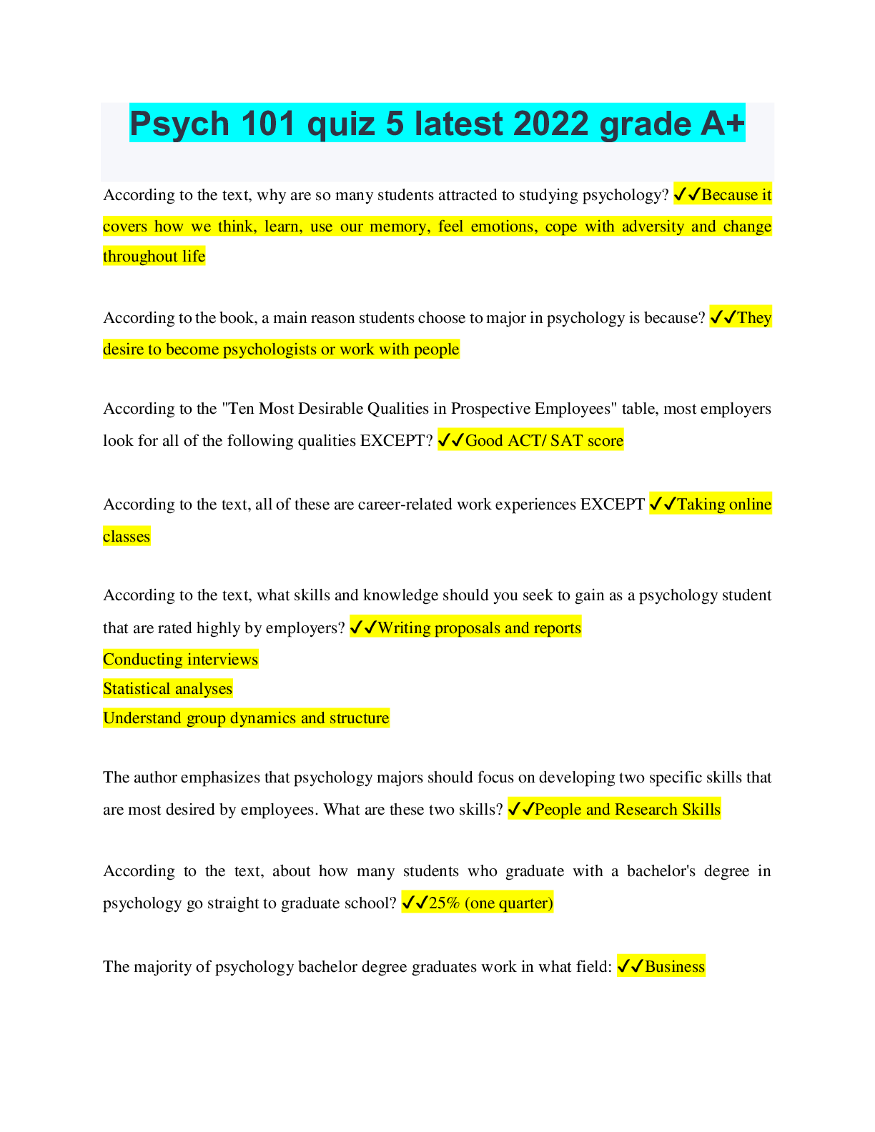 Preview image for Psych 101 quiz 5 latest 2022 grade A+. 2022/2023